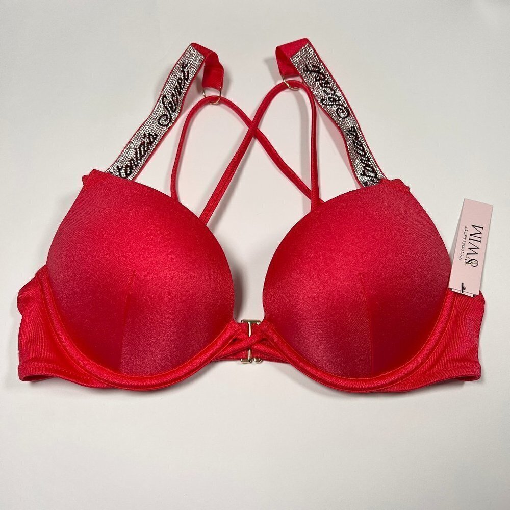 Victoria Secret 38C Bombshell Push Up Bikini Top LOGO Shine Strap Bling Pink